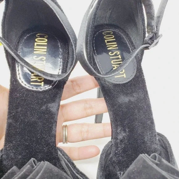 Colin Stuart Women Black Ruffled Satin High Heels Leather Sole Shoes Sz 6.5 - Picture 8 of 13